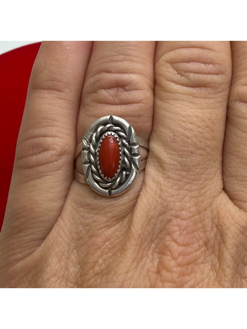 Southwestern Sterling silver coral ring size 6.5 vintage